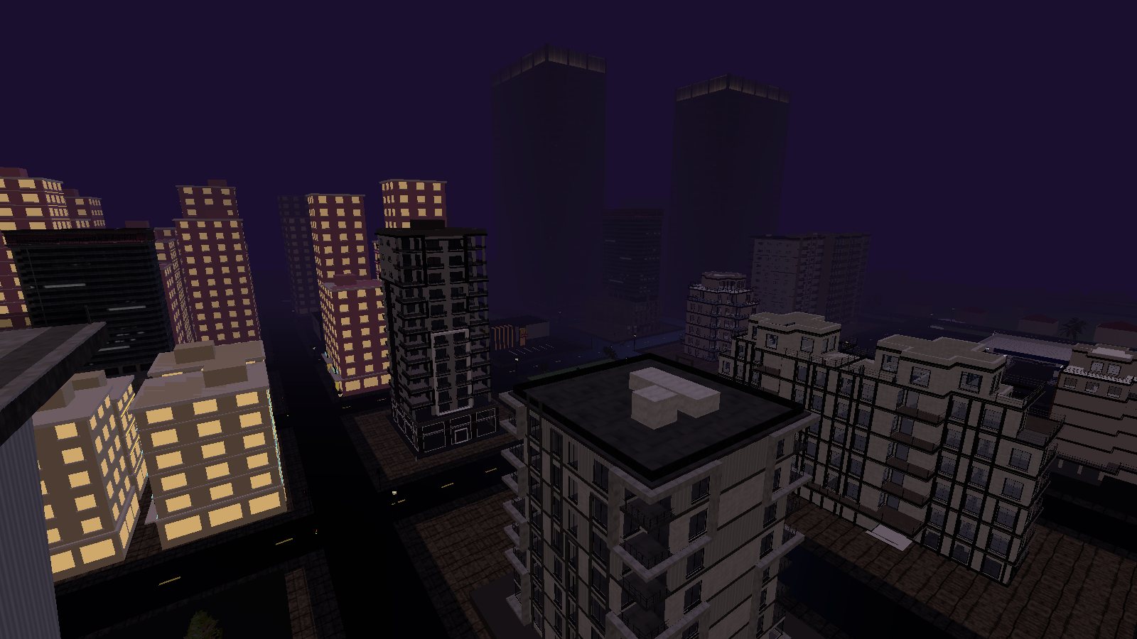 Le centre-ville de nuit, vu des toits — fenêtres allumées et tours dans la brume